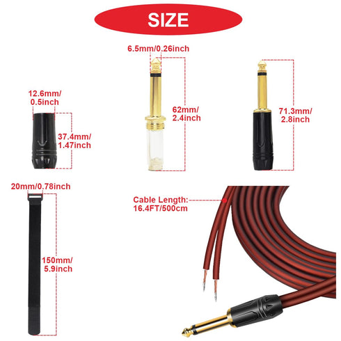 1Pcs 1/4 TS Plug to Bare Speaker Wire 16.4FT 16AWG Positive Red Wire Marking Pure Copper Shell Gold-Plated TS Plug 6.5mm Mono Male Connector with ...