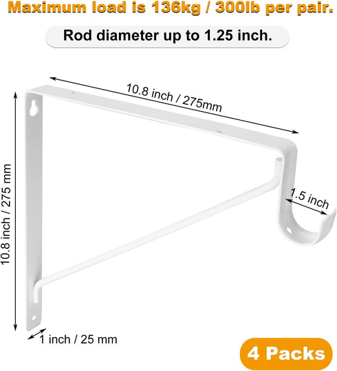 4 Pack Heavy Duty Closet Rod Brackets Holder 11 x 11 x 1 Inch White Closet Rod Support Bracket Black Steel Closet rod Holders for Hanging Clothes ...