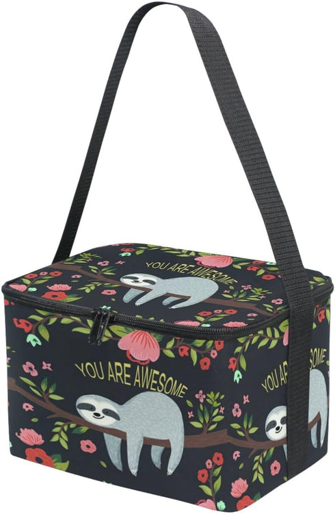 Naanle Cute Sloth on Tree Insulated Canvas Zipper Lunch Bag Cooler Tote Bag for Adult Teens Girls Boys Men Women, Animal Sloth Long Strap Lunch Bo...