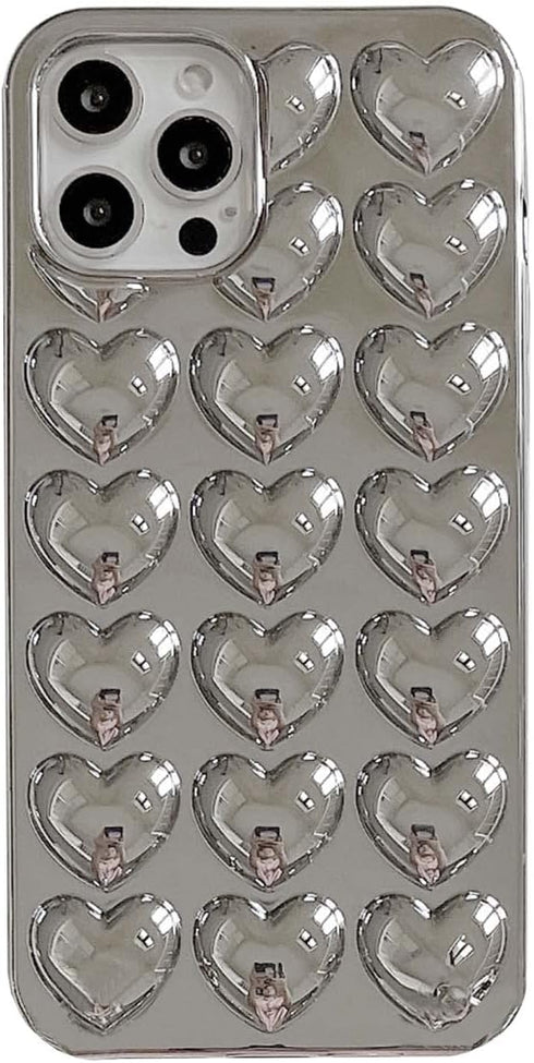 3D Love Heart Plating Silver Phone Case Compatible with iPhone 13 Pro Max,Electroplated Heart-shaped Luxury Retro Slim Soft Protective Bling Glitt...