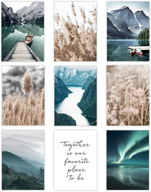 Canssape Set of 9 Nature Mountain Wall Art Green Lake Picture Prints for Wall Decor Home Decorations for Living Room Love Travel Posters Botanical...