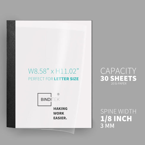 Binditek 10 Pack Thermal Binding Presentation Covers, 1/8 Inch Spine, Holds 30 Sheets, Ultra Clear Front Cover, Black Paper Back Cover, Letter Siz...