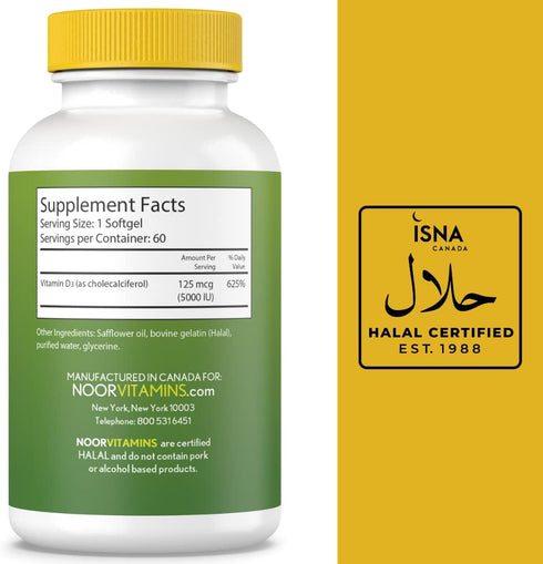 Noor Vitamins Halal Vitamin D, Halal Vitamin D3, 5000 IU Softgels, Supports Bone, Immune & Heart Health, from Safflower Oil to Maximize Absorption...