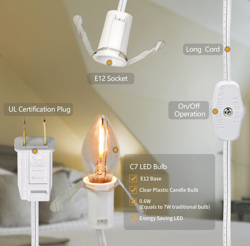 4 Pack Accessory Cord with LED Night Light Bulbs - White Cord with On/Off Switch Plugs - C7 led Bulb Warm White with Spare Fuse for Holiday Decora...