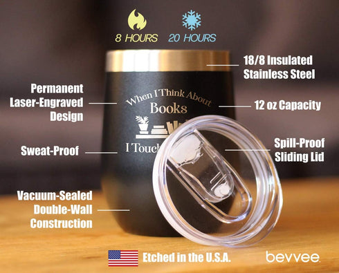 Touch My Shelf - Wine Tumbler with Sliding Lid - Stemless Stainless Steel Insulated Cup - Lovers of Reading & Books Outdoor Mug - Black...