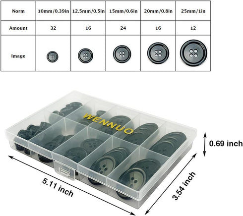 100Pcs Black Sewing Buttons,4-Hole Craft Buttons, 5 Sizes,with Compartment Storage Box, Suitable for Sewing,Suit coat shirt buttons?DIY Decoration...