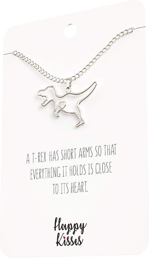 Happy Kisses Dinosaur T-Rex Necklace - Perfect T Rex Dinosaur Gift for Women and Girls – Heartfelt Trex Message Card Included...