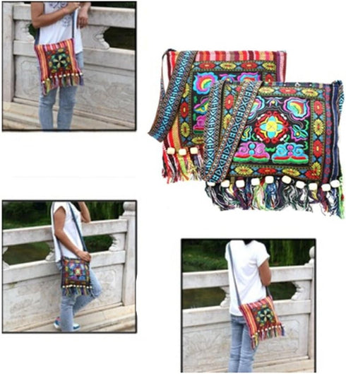 Vintage Ethnic Tribal Embroidered Tassel Sling Crossbody Boho Hippie Shoulder Bag...