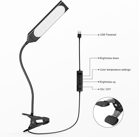 Desk Lamp Clip on LED Desk Lamp 3 Color Modes 14 Brightness Dimmable Table Lamp Metal Clip 360° Adjustable Gooseneck Portable Reading Lamp for Hom...