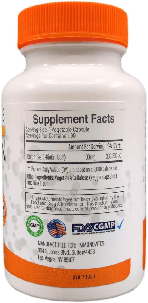 High Dose Biotin (as d-Biotin, USP) 100mg (Equivalent to 100,000mcg) 90 Capsules, High Potency...