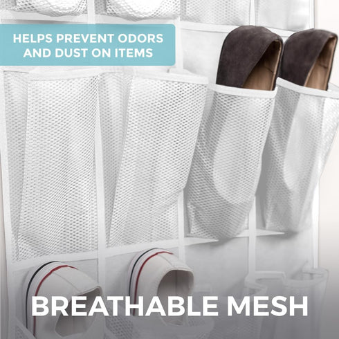 HOME GENIE 24 Pocket Strong Space Saving Over Door Shoe Organizer, Holds Up to 40 Pounds, Stay In Place Hooks Large Breathable Mesh Pocket Hanging...