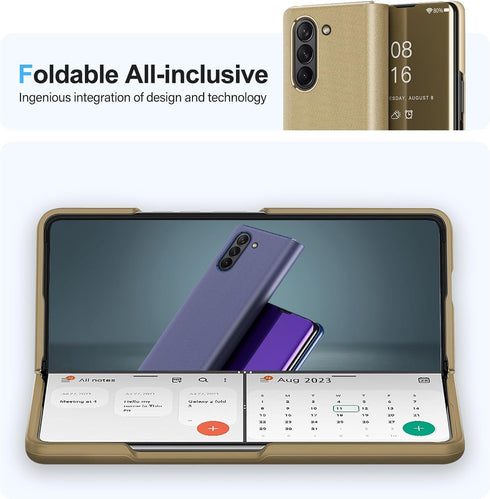 Z Fold 6 Case for Samsung Galaxy Z Fold 6 Phone Case, Clear View Mirror Flip Case with Kickstand, Cover for Samsung Z Fold 6 5G Case PU Leather He...