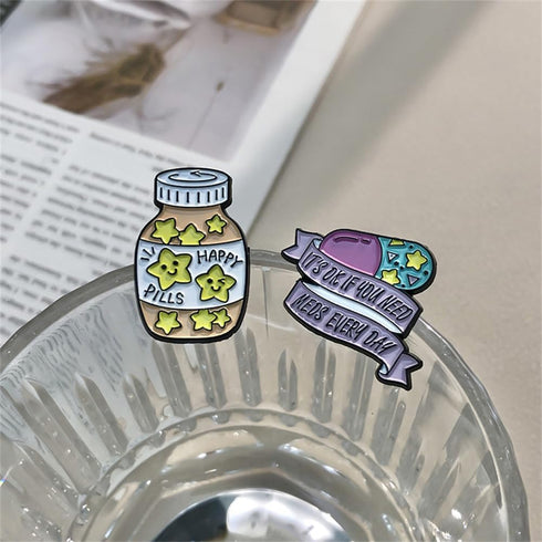 Cartoon Stars Happy Pill Brooch Bottle Enamel Pin Take Care Pill Bottle Enamel Pin Set Love Pill It's OK If You Need Meds Every Day Brooch Badge C...