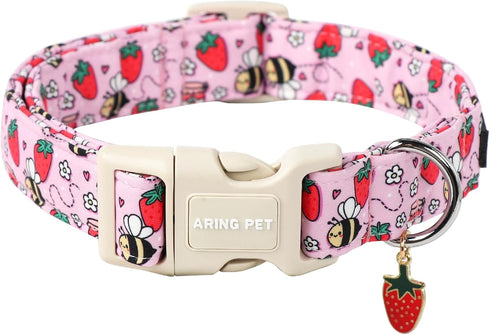 ARING PET Summer Dog Collar-Cute Pink Dog Collar for Small Dogs, Adjustable Strawberry Bees Print Pet Collars Puppy Collar for Small Medium Large ...