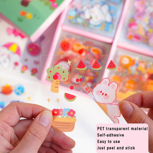 Kawaii Cartoon Rabbit Bear Stickers - EAMOTOL 800 PCS/100 Sheets Transparent PVC Cute Animals Bunny Sticker Kit for Scrapbooking Supplies Planner ...