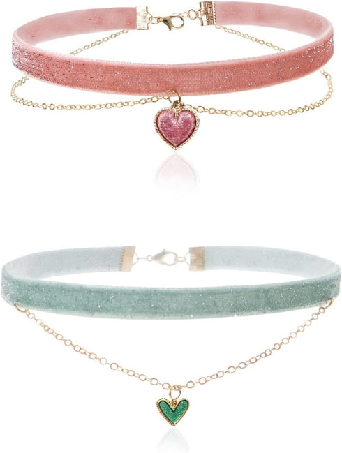 2Pcs Bling Bling Velvet Choker Necklace Set with Heart Pendant - Romantic Pastel Pink and Mint Green - Adjustable Collars for Women...