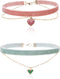 2Pcs Bling Bling Velvet Choker Necklace Set with Heart Pendant - Romantic Pastel Pink and Mint Green - Adjustable Collars for Women...