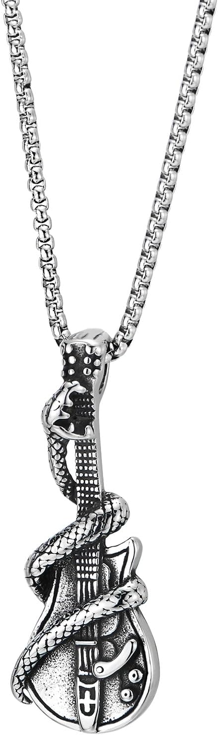 COOLSTEELANDBEYOND Rock Punk Snake Guitar Pendant Necklace for Men Stainless Steel with 30 inches Wheat Chain...