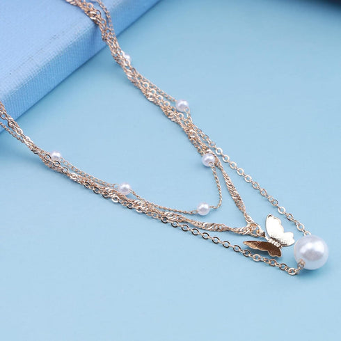 Bohemia Layering Necklace Choker Chain Gold Butterfly Pendant Necklace Chain Floating Pearl Choker Necklace Pearl Beads Necklace Jewelry for Women...