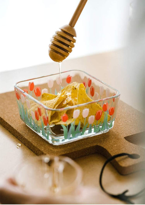 9 OZ Mini Floral Candy Dish Small Tulip Glass Candy Bowl for Dessert,Snack,Fruit,Yogurt,Dipping,Side Dishes,Kitchen Prep,Clear Square Dessert Bowl...