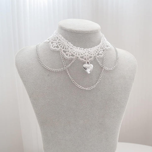 Gothic White Lace Sexy Choker Necklace Heart Butterfly Pendant Tassel Collar Neck Chain Bridal Wedding Jewelry for Women Girls...