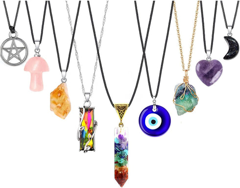 MJartoria Moon Pentagram Necklace Pentacle Crystal Chakra Necklace Charm Pendant Multi Layered Alloy Chain Choker Necklaces Set Gothic Jewelry 9PC...
