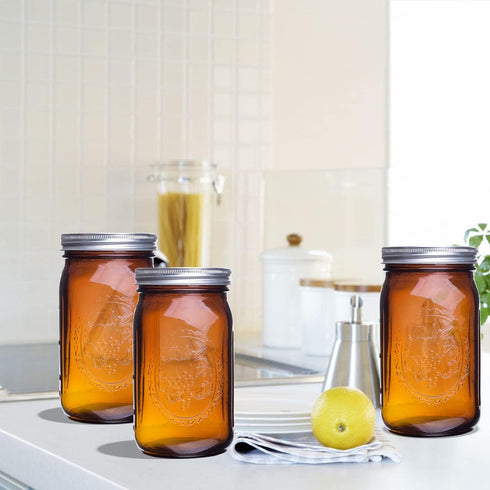 eleganttime Amber Glass Mason Jars 32 oz Wide Mouth with Airtight Lids and Bands 6 Pack Large Glass Canning Mason Jars Quart,Great for Canning Jar...