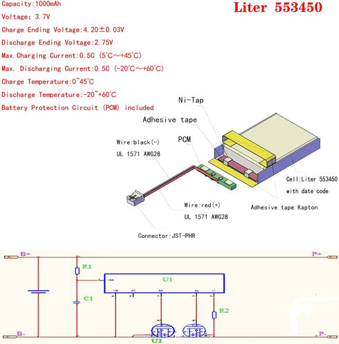 Liter Energy Battery 3.7V Lipo Battery 1000mAh Rechargeable Lithium ion Polymer Battery 553450 Lithium Polymer ion Battery with JST Connector...