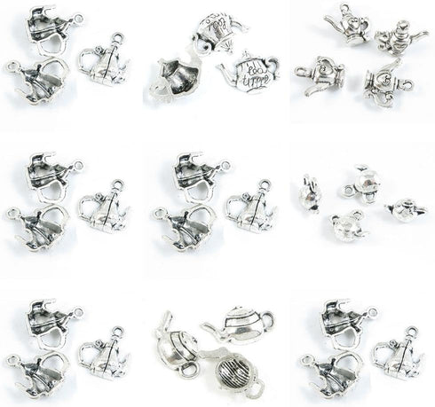 29 Pieces Antique Silver Tone Jewelry Making Charms Teapot Tea Kettle Pot Wine...