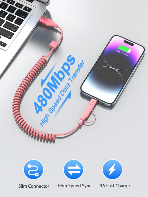 Coiled USB C Cable, 3FT Coiled Lightning Cable,USB C + Lightning Charger Cord 60W Fast Charging USB C iPhone 15 Cable for Car CarPlay & Android Au...