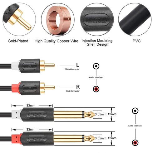 J&D Dual 1/4 inch TS to Dual RCA Stereo Audio Interconnect Cable, Gold Plated Audiowave Series 2 x 6.35 mm Male TS to 2 RCA Male PVC Shelled Adapt...