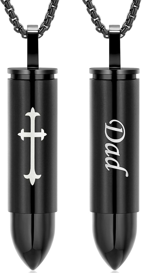 Oinsi Double-Side Engraving Cross &Mom/Dad/Son Keepsake Jewelry -Black Bullet Cremation Urn Necklace for Ashes...