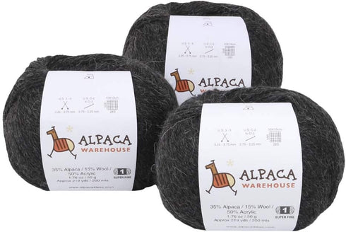 Blend Alpaca Yarn Wool Set of 3 Skeins Fingering Worsted Weight - Heavenly Soft and Perfect for Knitting and Crocheting (Charcoal Gray, Fingering)...