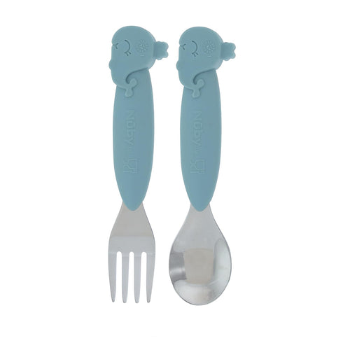 Nuby Animal Friends Silicone and Stainless Steel Fork and Spoon Set - 12+ Months - Blue Whale...