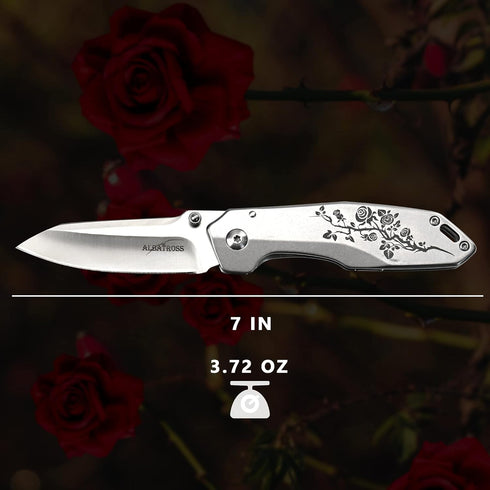 ALBATROSS 7" EDC Simple Practical Folding Knife Liner Lock Pocket Knife with 8Cr14MoV Steel Blade,Rose pattern Stainless steel Handle,Belt Clip an...