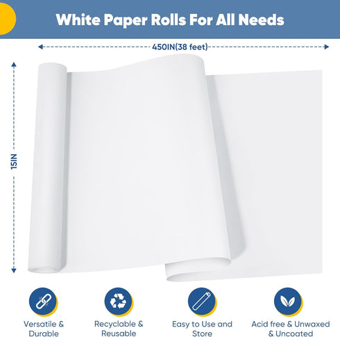 White Wrapping Paper Craft Paper Kraft Paper Roll 15" x 450", Bulletin Board Paper Roll, Arts & Crafts, Gift Wrapping Moving Packing Painting Draw...