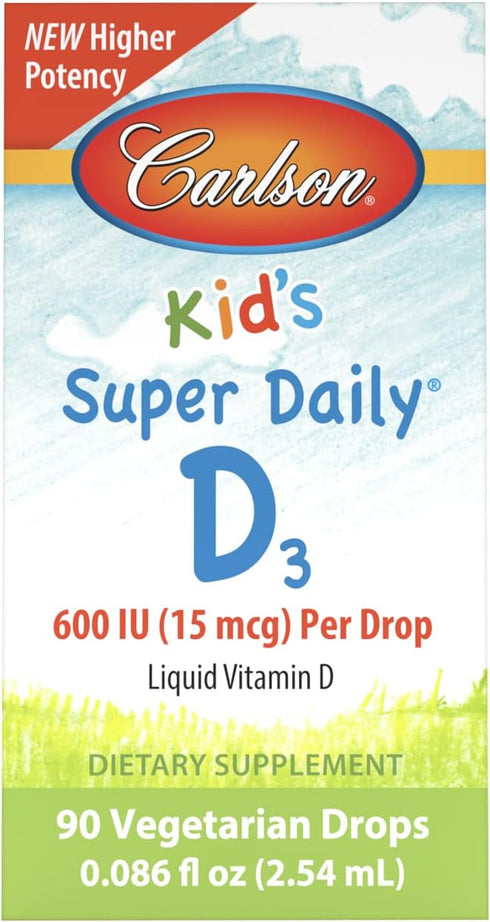 Carlson - Kid's Super Daily D3, Kids Vitamin D Drops, 600 IU (15 mcg) per Drop, Vegetarian, Liquid Vitamin D Drops for Kids, Unflavored, 90 Drops ...