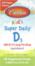 Carlson - Kid's Super Daily D3, Kids Vitamin D Drops, 600 IU (15 mcg) per Drop, Vegetarian, Liquid Vitamin D Drops for Kids, Unflavored, 90 Drops ...
