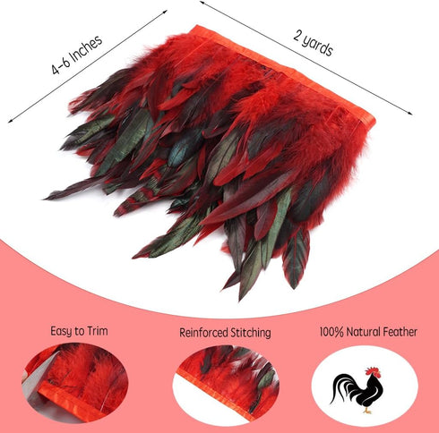 Shekyeon 2yards Rooster Feather Fringe Trim for Costume Decoration (Red)...