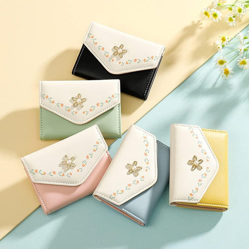 Girls Cute flowers Print Wallet, Small Tri-folded Aesthetic Wallet, PU Leather Purse Cash Pocket Card Holder ID Window Purse for Women(Green)...