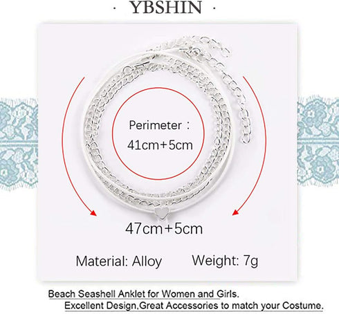 YBSHIN Boho Layered Anklets Silver Heart Ankle Bracelet Beach Foot Chain for Women...