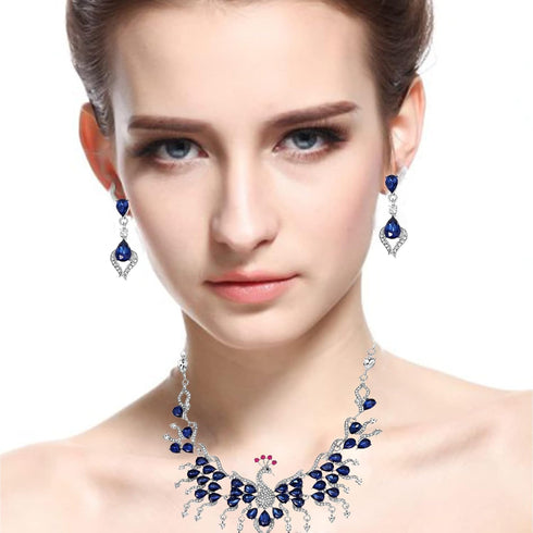 Peacock Necklace Earrings Jewelry Set for Women Austrian Crystal Enamel Peacock Necklace Set Fashion Banquet Accessories Gift (Blue set)...
