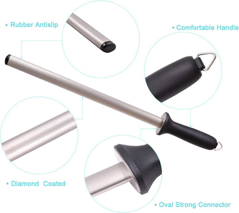 12inch Diamond Houselold Sharpening Rod, Professional Kitchen Knife Sharpener Steel, Premium Knife Blades Honer, Ideal for Master Chef, Home Cooki...