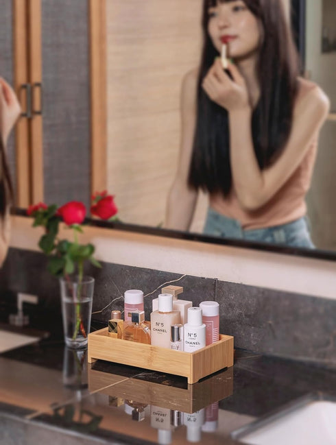 Makeup Organizer Countertop for Vanity, Bathroom Organizers and Storage Bamboo Bathroom Countertop Organizer Cosmetic Skincare Perfume Organizers...