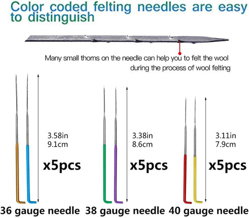Needle Felting Tools, 38 Pcs Felting Needles - Needle Felting Supplies with 3 Sizes Felt Needles(36 Gauge, 38 Gauge, 40 Gauge), Color Wooden Handl...