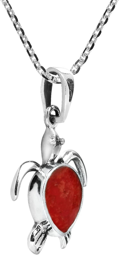 AeraVida Trendy Casual Sea Turtle Reconstructed Red Coral Unisex .925 Sterling Silver Pendant Necklace...