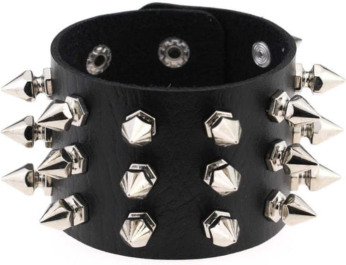 Multicolor PU Simulated Leather Silvert-tone Spikes Rivets Adjustable Buckle Bracelet, Pack of 2 PCs...