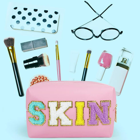 Preppy Makeup Bag, Skin Makeup Bag,Chenille SKIN Letter Cosmetic Bag, PU Leather Skincare Toiletry Bag, Cute Travel Organizer Zipper Makeup Bag fo...