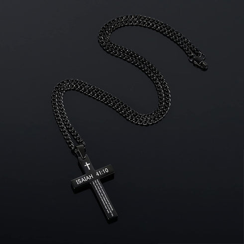 Inspirational Bible Verse Cross Necklace for Men Boys, Stainless Steel Plain Black Silver Cross Pendant Necklace for Men 20-24 Inches Curb Chain F...