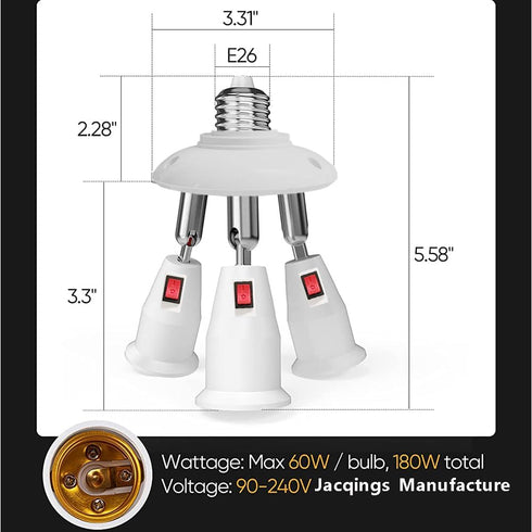 360 Degrees Adjustable E26 Jacqings Socket Adapter with Independent Switch Control Light Bulb Socket, E26 Standard LED Bulbs 360 Degrees Adjustabl...